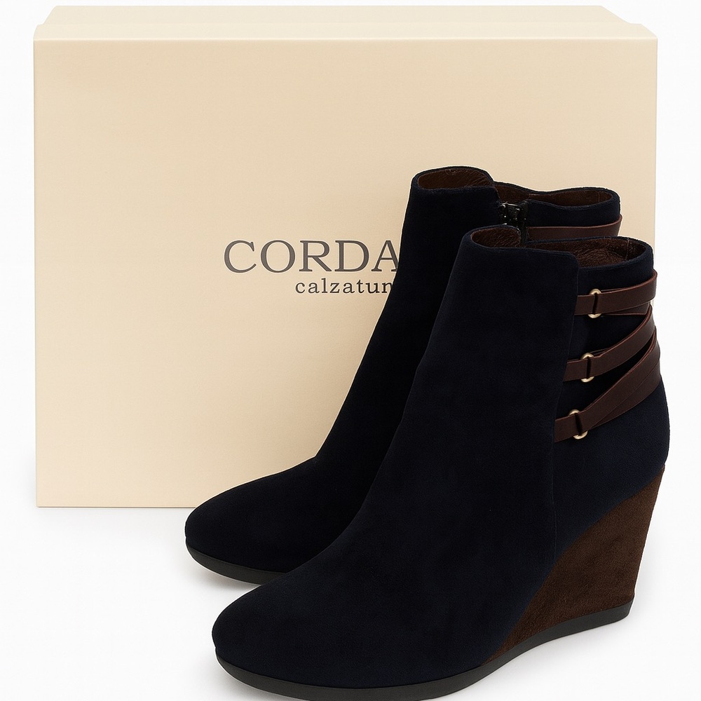 Cordani Calzature Navy Suede Wedge Ankle Boots with Brown Leather Straps